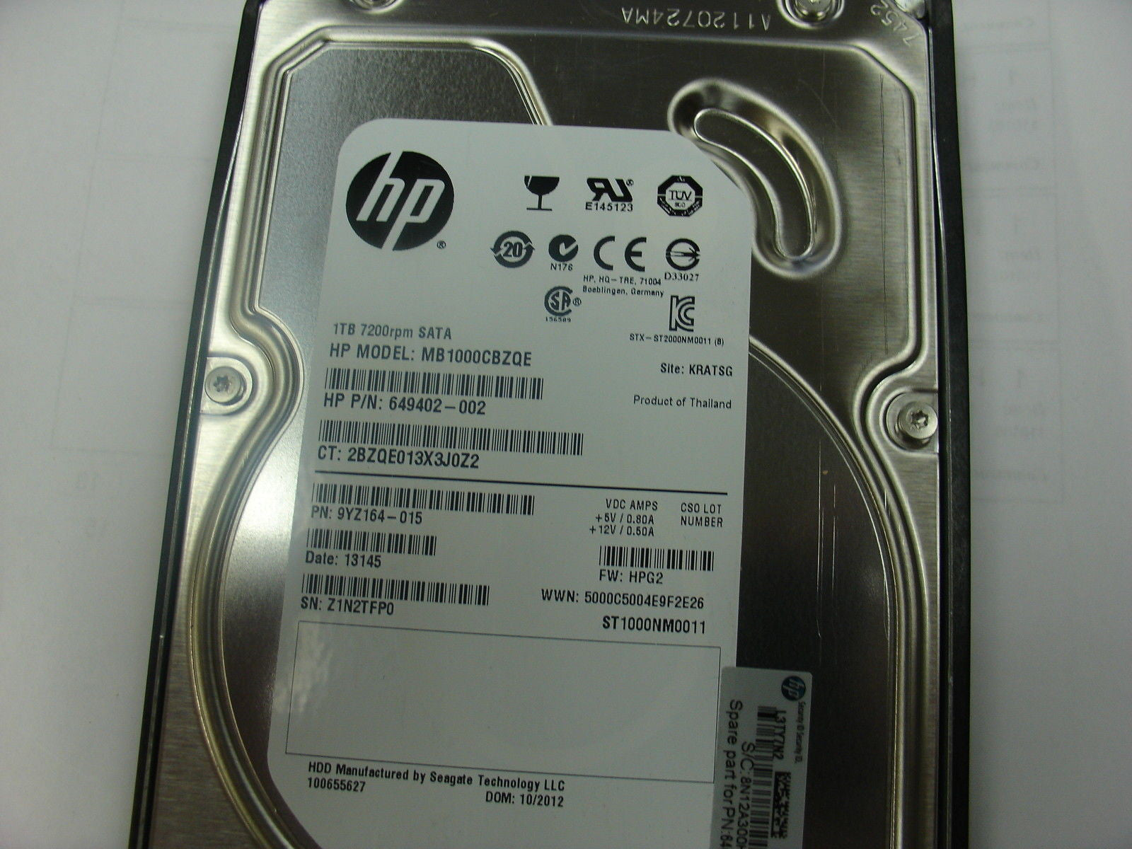 HP 649402-002 1TB 3.0GB SATA Hard Drive with Tray for MDL MB1000CBZQE - Micro Technologies (yourdrives.com)